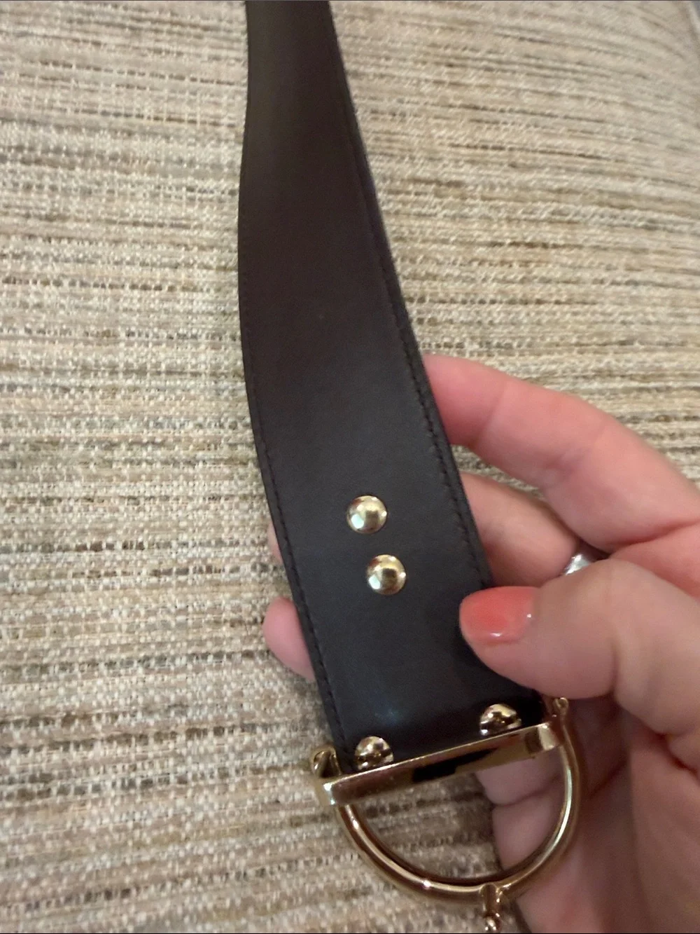 Gucci Womens’ Leather Dress Belt in Gray and Tan with Gold Buckle Sz 32
